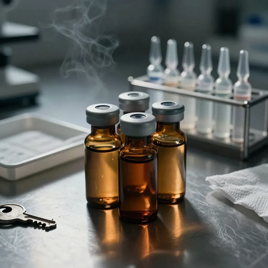 Amberfarbene Laborfläschchen und Metallrack auf gebürstetem Stahl im dramatischen Licht.