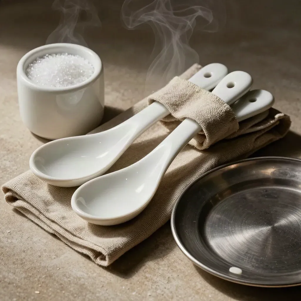 Keramische Probierlöffel, Leinentuch, Salzschale und Metallschale auf Stein mit Dampf