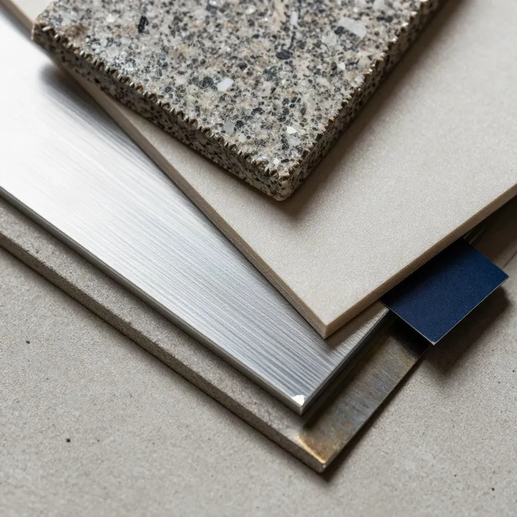 Architektur-Materialmuster auf hellem Beton, diagonal gefächert, mit Granit, Aluminium, Vellum und Zink.