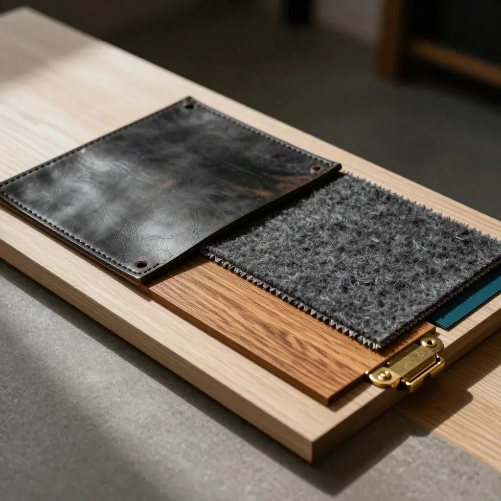 Materialboard mit Leder, Filz, Holzfurnier und Messing auf hellem Holz
