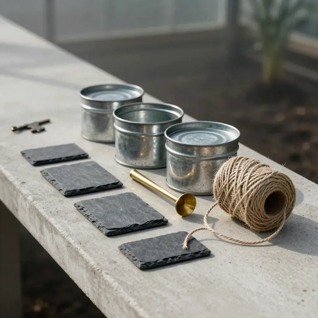 Hortikultur-Stillleben mit Pflanzetiketten, Samendosen, Messingdibber und Jutegarn auf Beton.