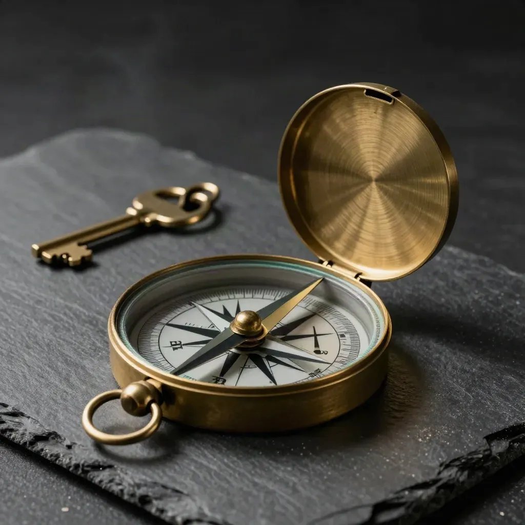 Brassene Kompassrose mit Metallringen und gefaltetem Routendisk auf dunklem Stein