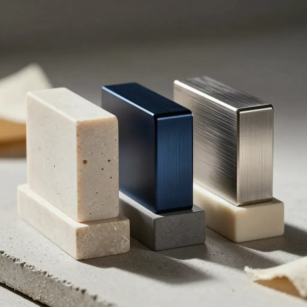 Drei Materialproben aus Stein, Aluminium und Stahl mit Abstandshaltern auf Beton.
