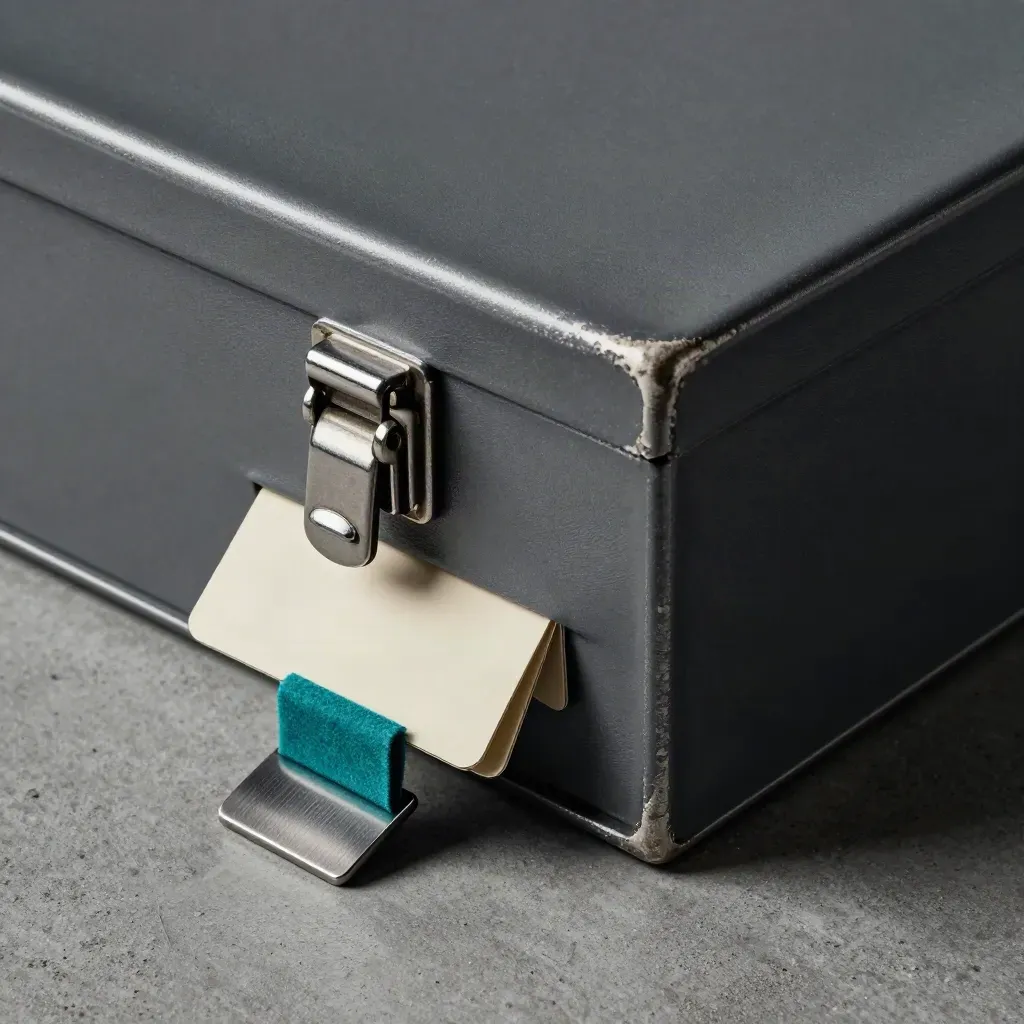 Locking Filebox mit halb eingeschobenen Karten und Metallclip auf grauem Stein.