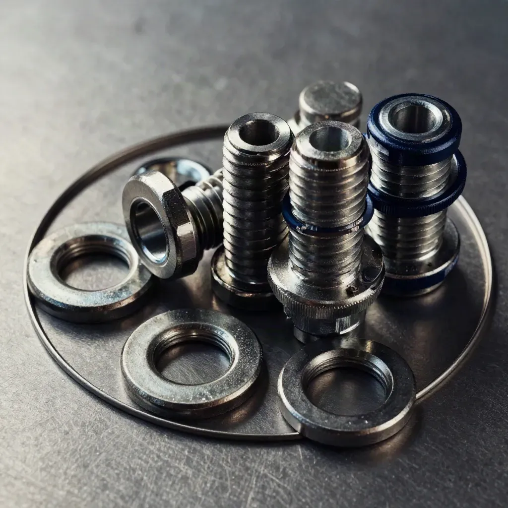 Metallteile und Unterlegscheiben auf gebürstetem Stahl, von oben mit kühlem Licht fotografiert.