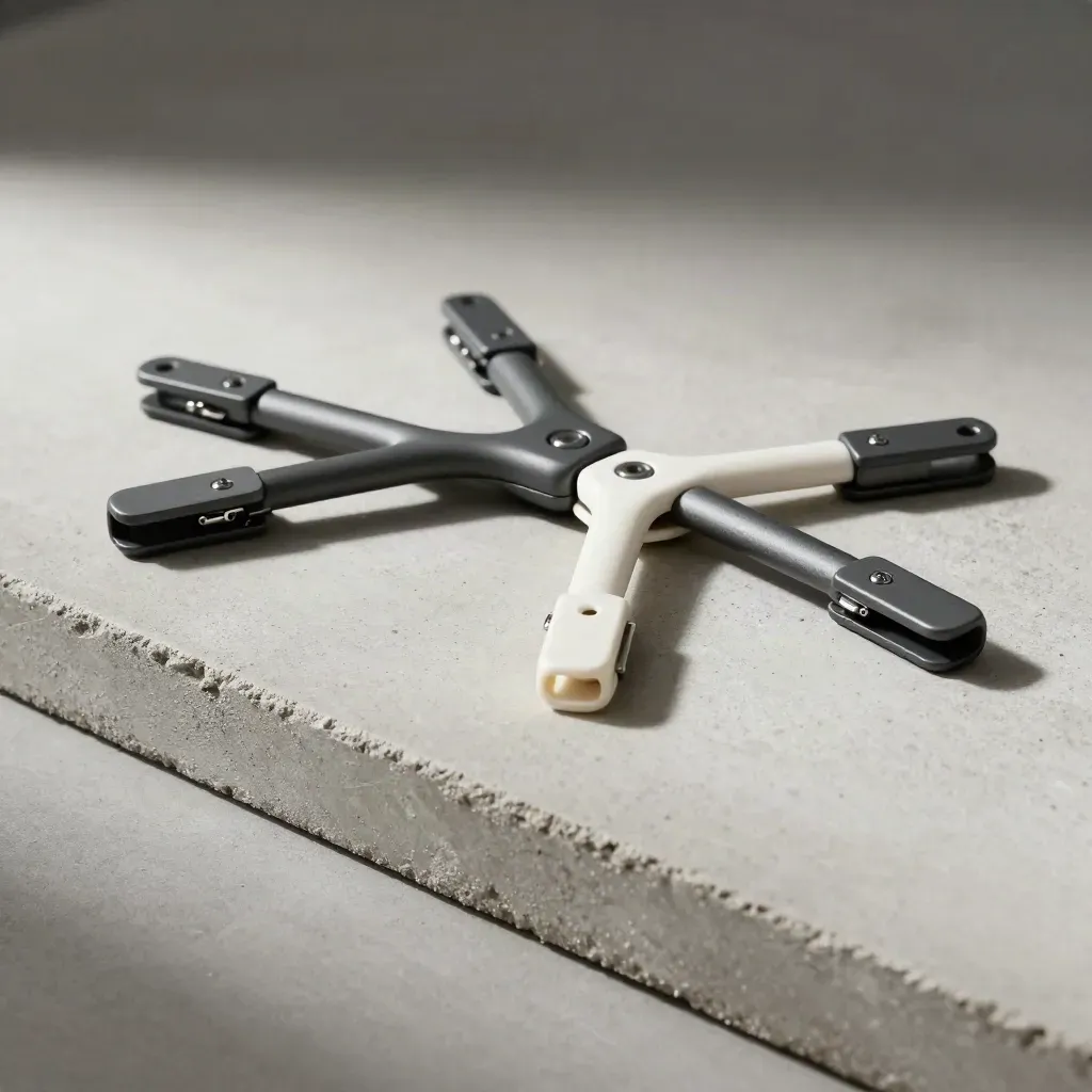 Matte Steckverbinder mit Verzweigung auf hellem Beton, seitlich von oben beleuchtet.